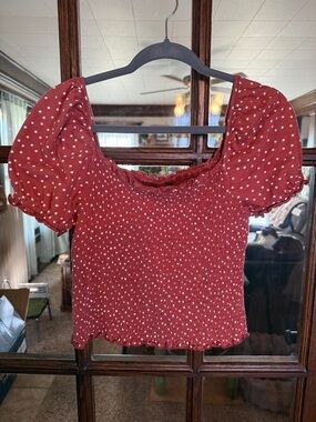 American Eagle Rust Red Polka Dot Smocked Puff Sleeve Square Neck Top Medium